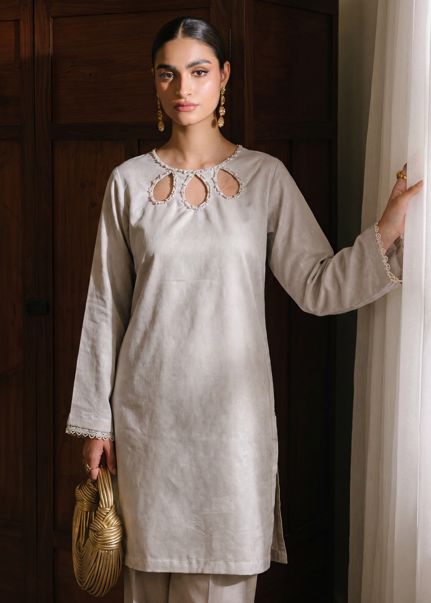 Ivory Embellished Lawn Straight Cut Kurta Online in Dubai DXB UAE Abudhabi Meena Bazaar