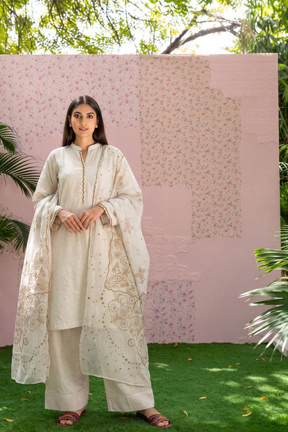 Ivory Embellished Textured Lawn Pakistani Suit Online in Dubai UAE Abudhabi Ajman Sharjah