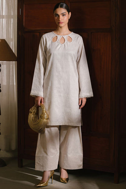 Ivory Embellished Textured Lawn Straight Cut Kurta Online in Dubai UAE Abudhabi Ajman Sharjah
