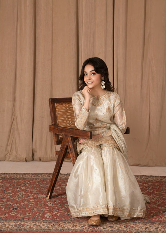 Ivory Embellished Tissue Party Wear Gharara Online in Dubai DXB UAE Abudhabi Meena Bazaar