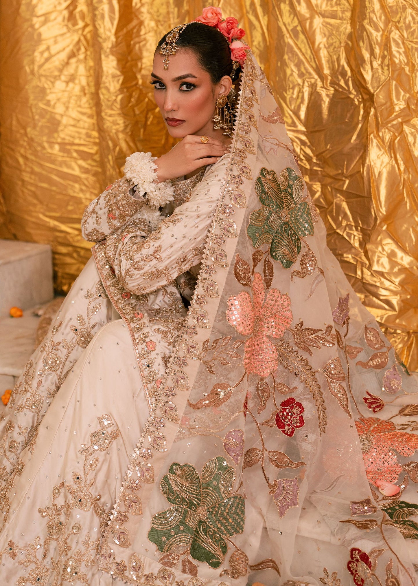 Ivory Embroidered Charmuse Shalwar Kameez Online in UK USA Canada