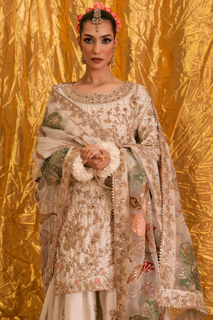 Ivory Embroidered Charmuse Sharara Suit Online in Dubai UAE Abudhabi Ajman Sharjah
