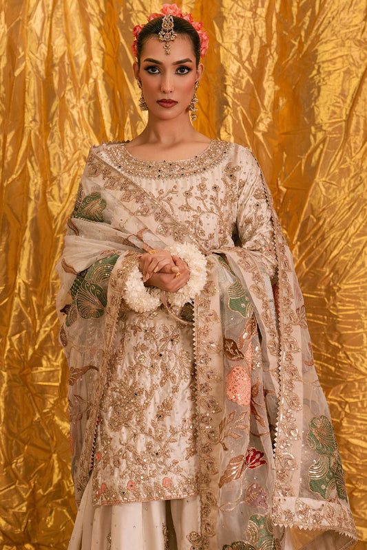 Ivory Embroidered Charmuse Sharara Suit Online in Dubai UAE Abudhabi Ajman Sharjah