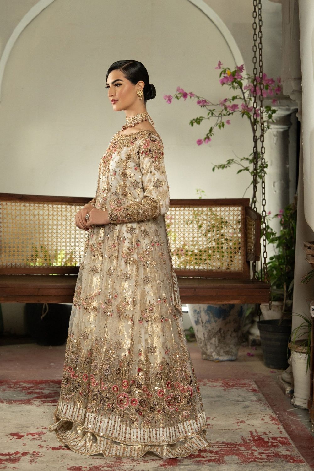 Ivory Embroidered Chiffon Wedding Guest Anarkali Online in Dubai UAE Abudhabi Ajman Sharjah