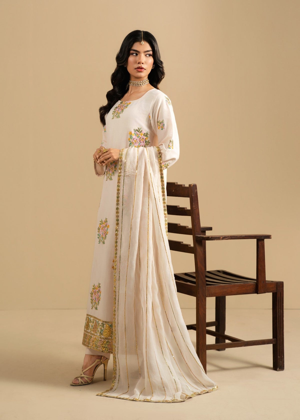 Ivory Embroidered Cotton Partywear Suit Online in Dubai DXB UAE Abudhabi Meena Bazaar