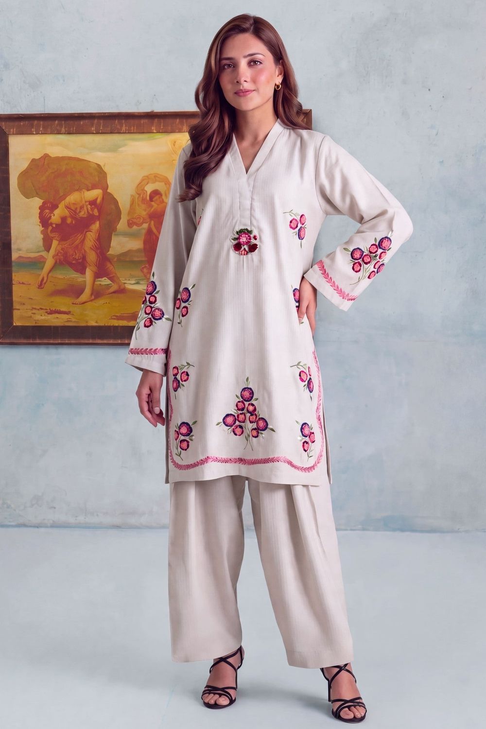 Ivory Embroidered Dhanak Kurta Set Online in Dubai UAE Abudhabi Ajman Sharjah