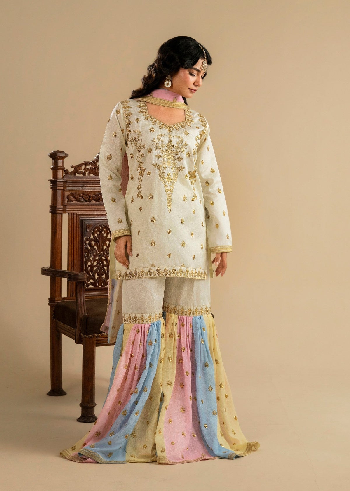 Ivory Embroidered Gharara for Mehndi Online in UK USA Canada