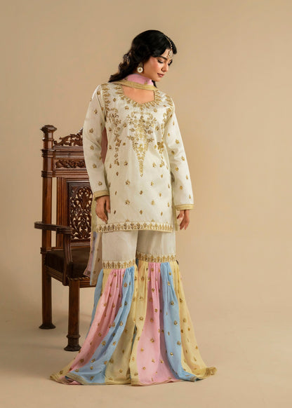Ivory Embroidered Gharara for Mehndi Online in UK USA Canada