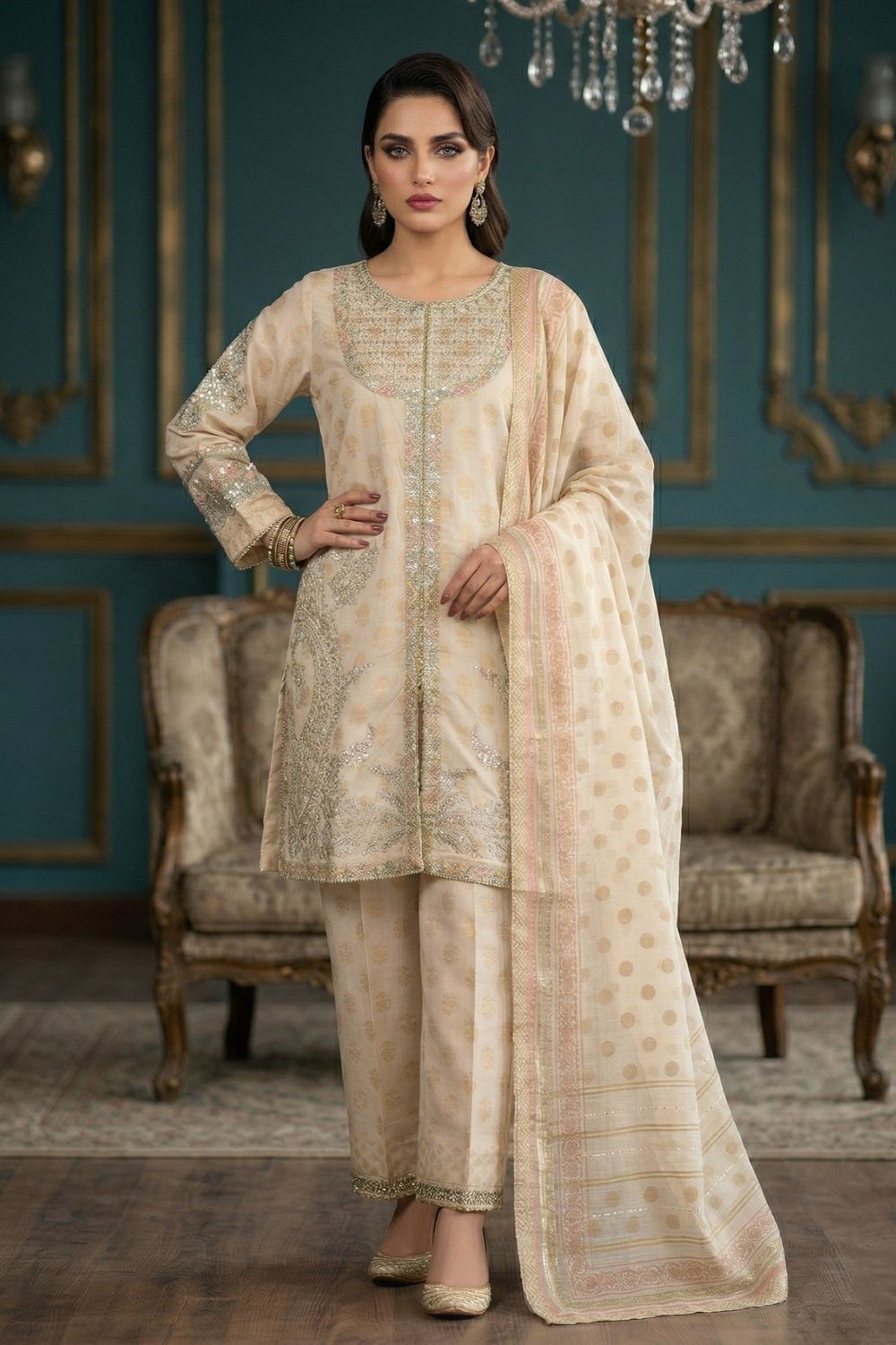 Ivory Embroidered Lawn Festive Suit Online in Dubai UAE Abudhabi Ajman Sharjah
