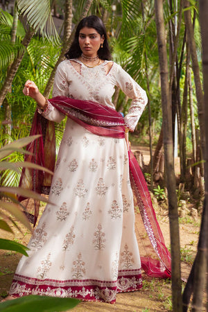 Ivory Embroidered Lawn Flared Maxi Salwar Suit Online in Dubai UAE Abudhabi Ajman Sharjah