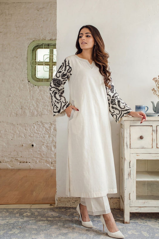 Ivory Embroidered Lawn Kurta Set Online in Dubai UAE Abudhabi Ajman Sharjah