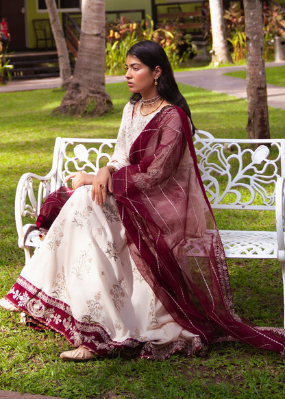 Ivory Embroidered Lawn Maxi Salwar Suit with Berry Dupatta Online in Dubai DXB UAE Abudhabi Meena Bazaar