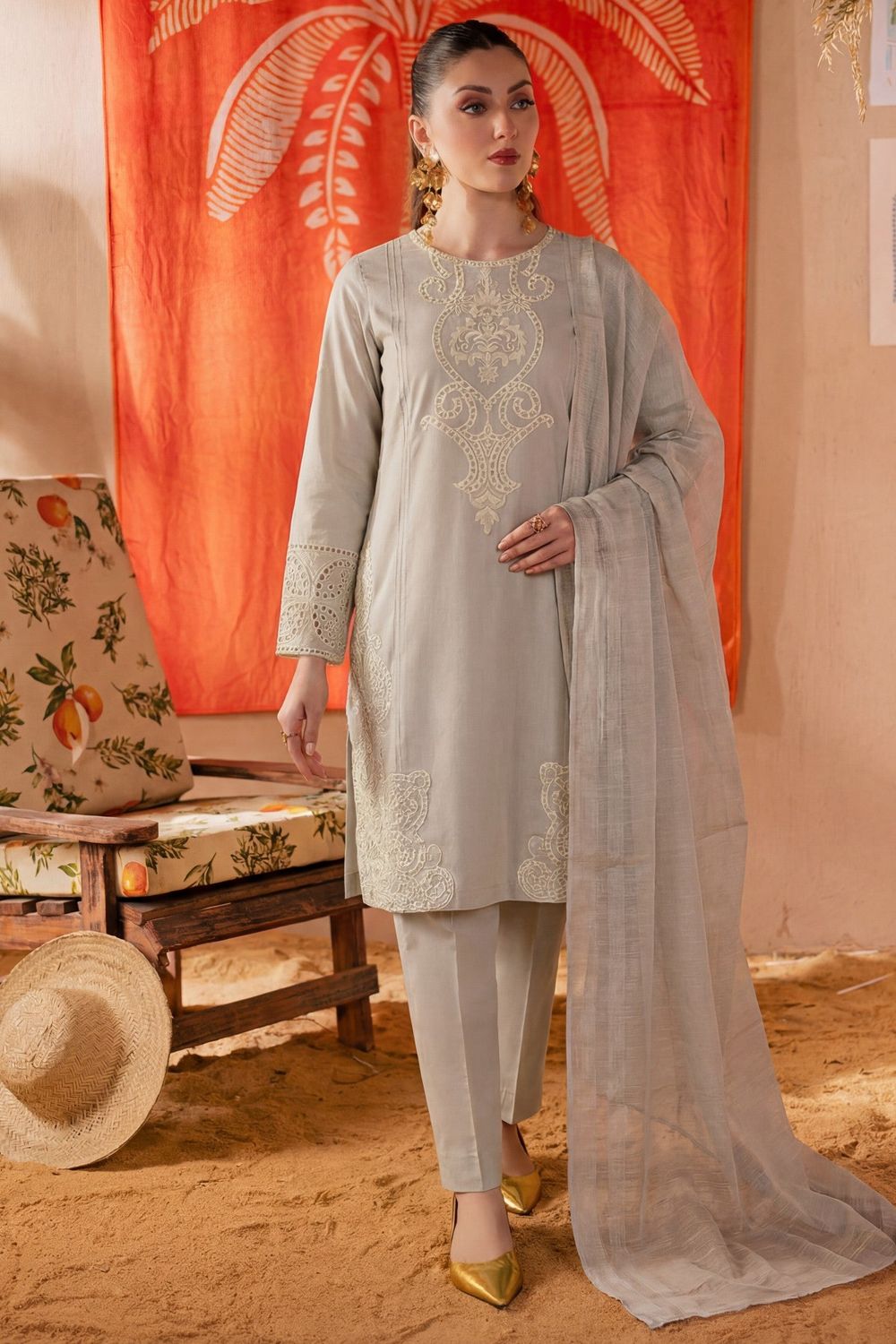 Ivory Embroidered Lawn Pakistani Suit Online in Dubai UAE Abudhabi Ajman Sharjah