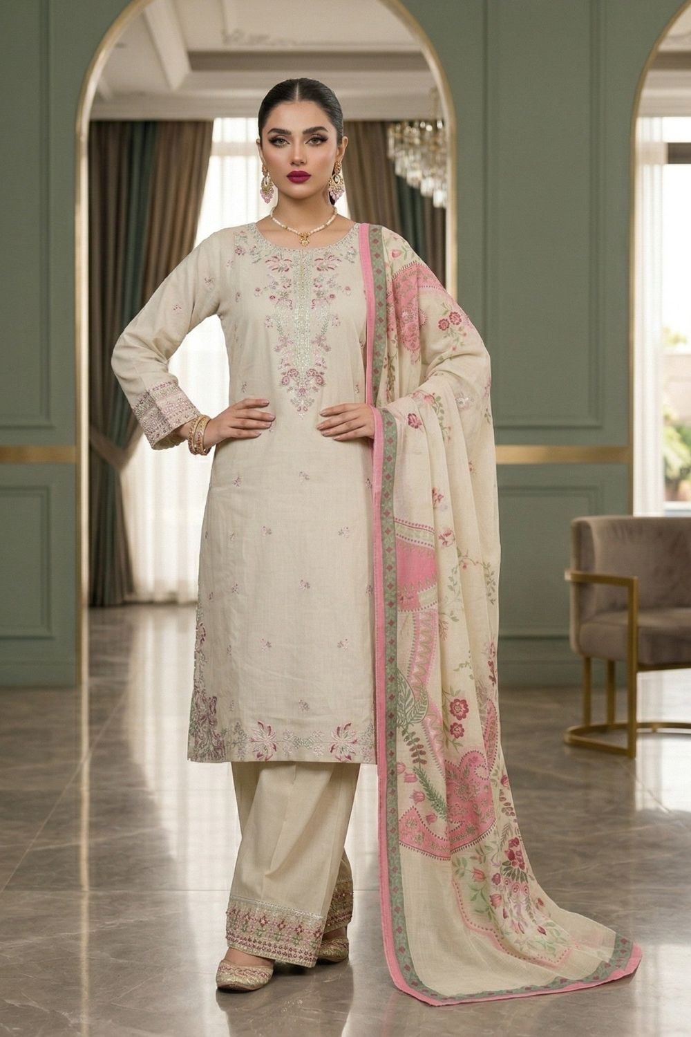 Ivory Embroidered Lawn Pakistani Suit Online in Dubai UAE Abudhabi Ajman Sharjah
