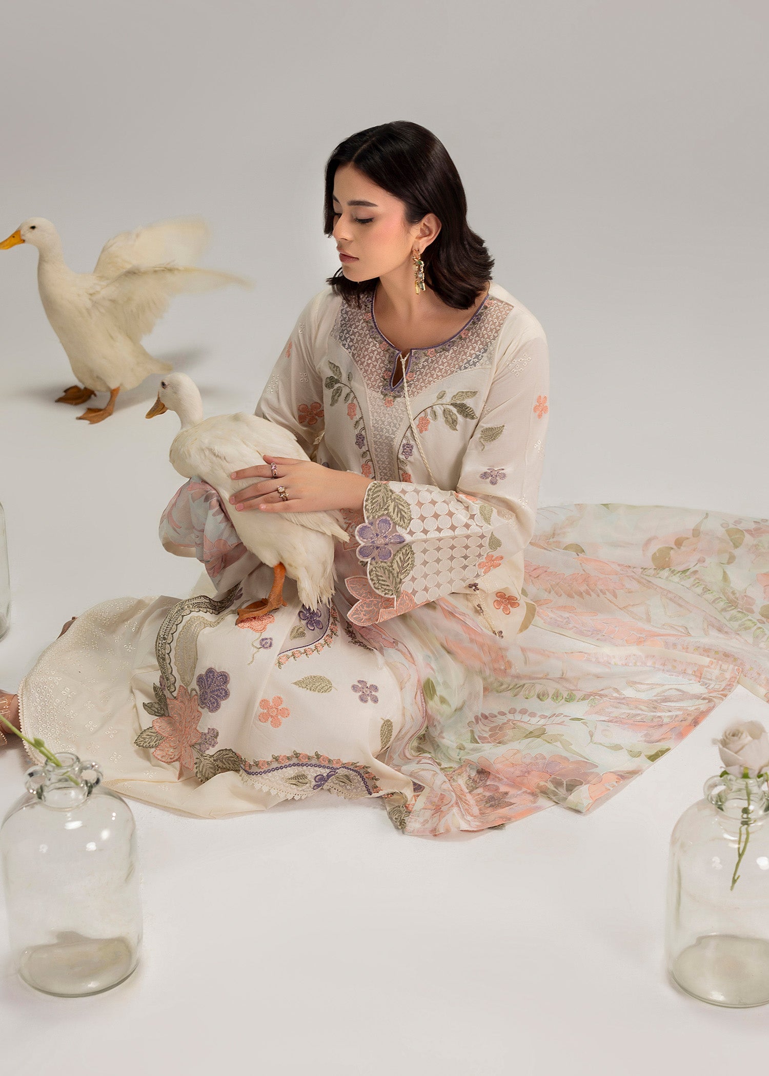 Ivory Embroidered Lawn Straight Kurta with Cotton Trouser Online in Sri Lanka India Australia