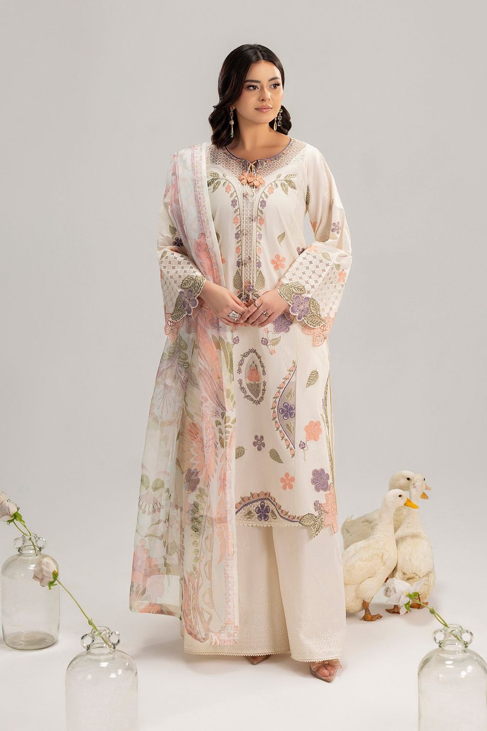 Ivory Embroidered Lawn Straight Kurta with Flared Trouser Online in Dubai UAE Abudhabi Ajman Sharjah