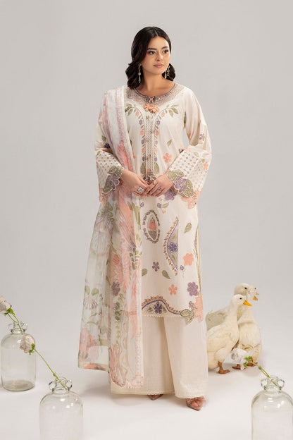 Ivory Embroidered Lawn Straight Kurta with Flared Trouser Online in Dubai UAE Abudhabi Ajman Sharjah