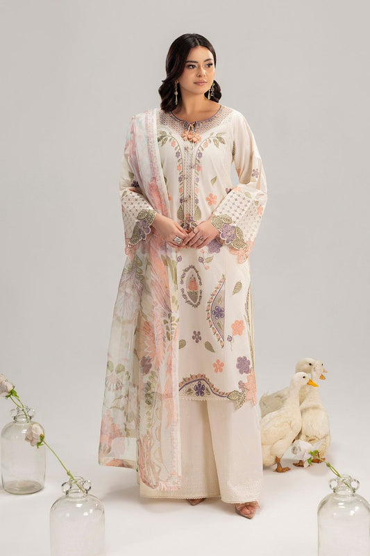 Ivory Embroidered Lawn Straight Kurta with Flared Trouser Online in Dubai UAE Abudhabi Ajman Sharjah