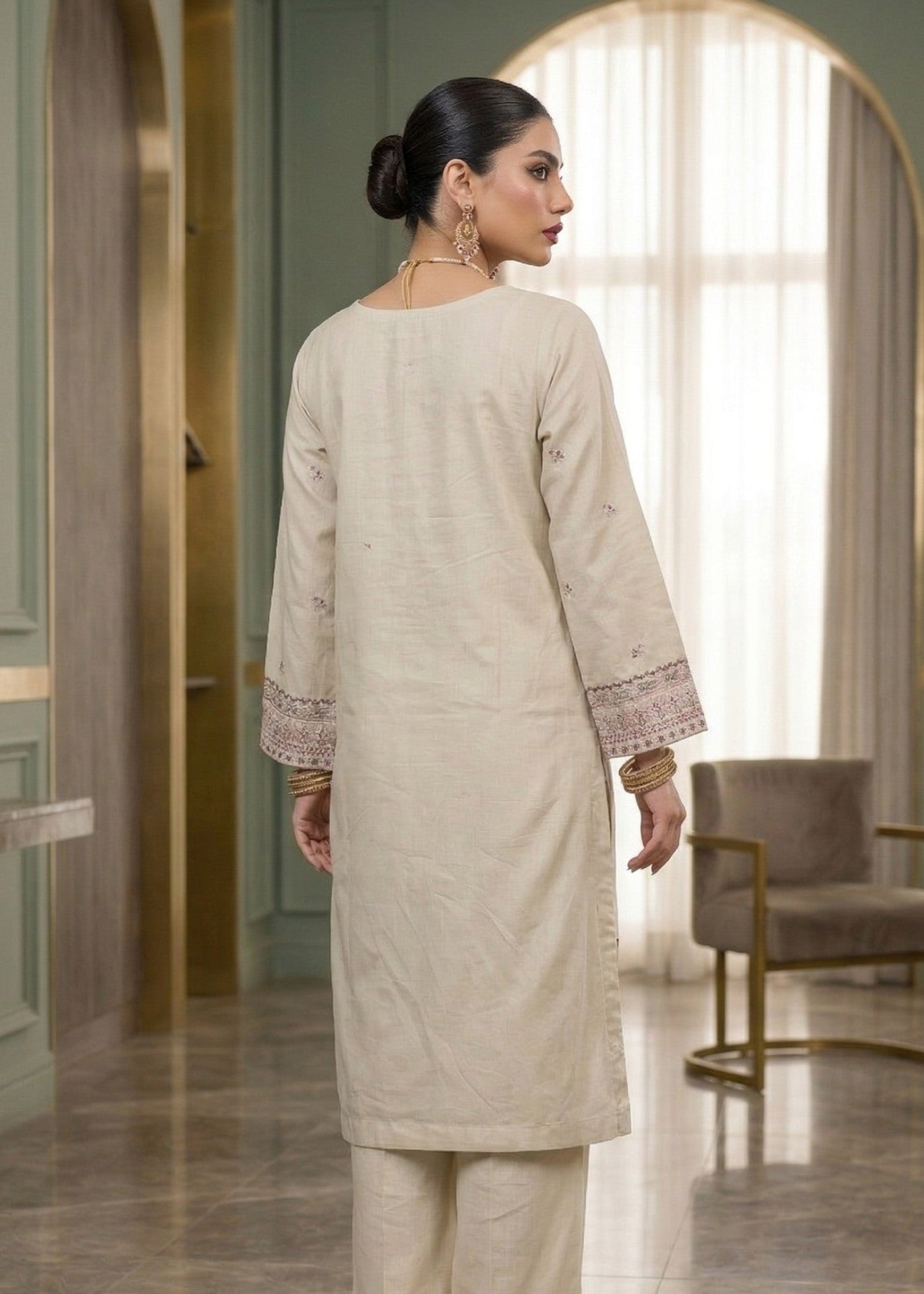 Ivory Embroidered Lawn Unstitched Dress Online in Dubai DXB UAE Abudhabi Meena Bazaar