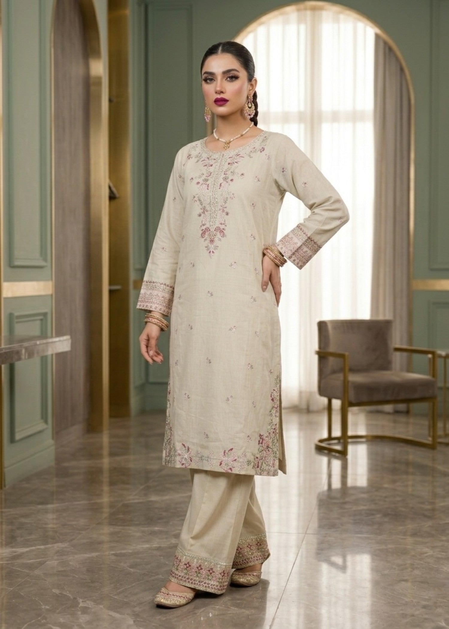 Ivory Embroidered Lawn Unstitched Suit Online in Dubai DXB UAE Abudhabi Meena Bazaar