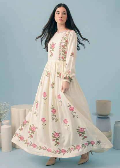 Ivory Embroidered Linen Pishwas Designer Salwar Kameez Online in KSA Riyadh Saudi Arabia Oman Bahrain Qatar