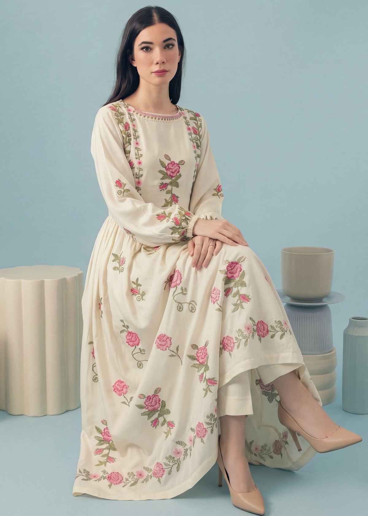 Ivory Embroidered Linen Pishwas Ladies Salwar Kameez Online in Dubai DXB UAE Abudhabi Meena Bazaar