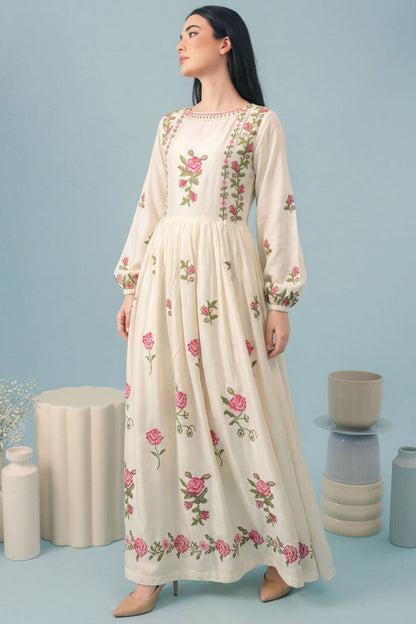 Ivory Embroidered Linen Pishwas Online in Dubai UAE Abudhabi Ajman Sharjah