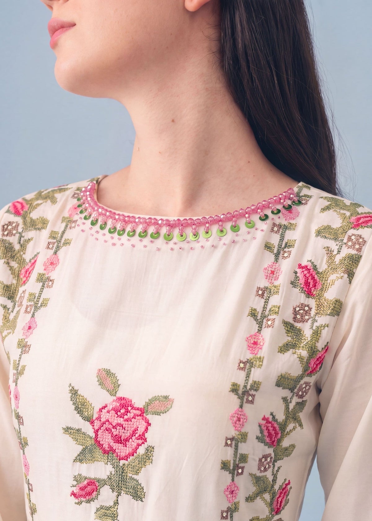 Ivory Embroidered Linen Pishwas Salwar Kameez Online in UK USA Canada
