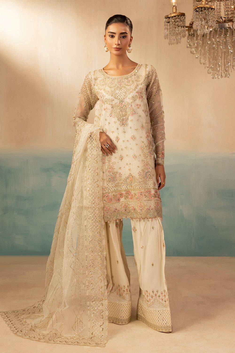 Ivory Embroidered Organza Farshi Shalwar Suit Online in Dubai UAE Abudhabi Ajman Sharjah