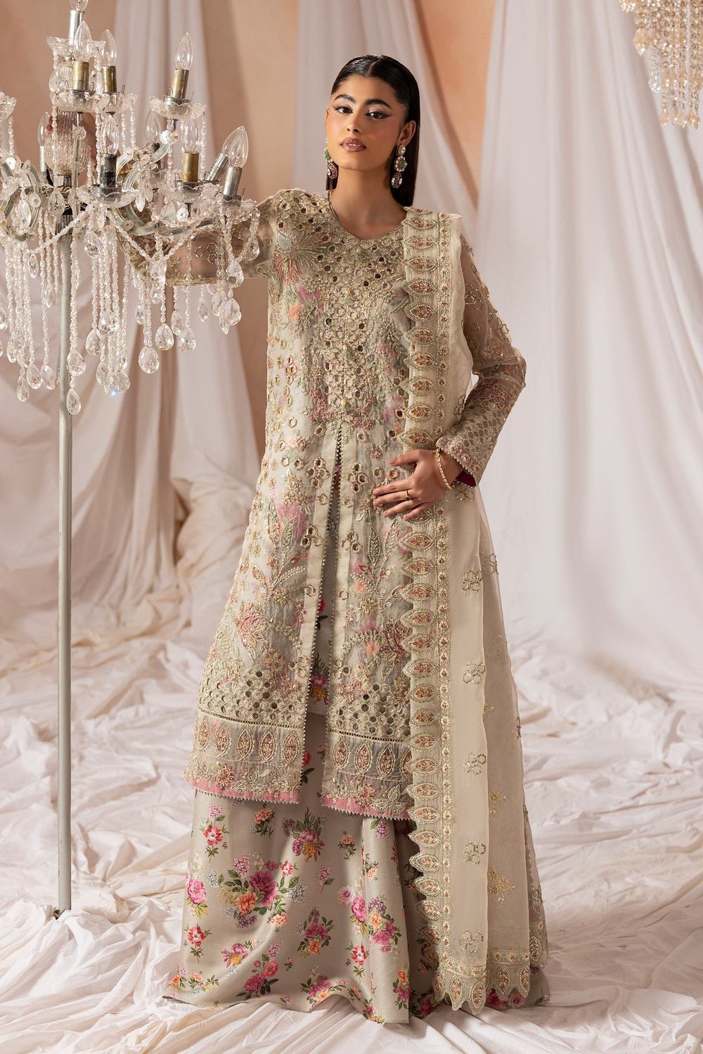 Ivory Embroidered Organza Festive Sharara Online in Dubai UAE Abudhabi Ajman Sharjah