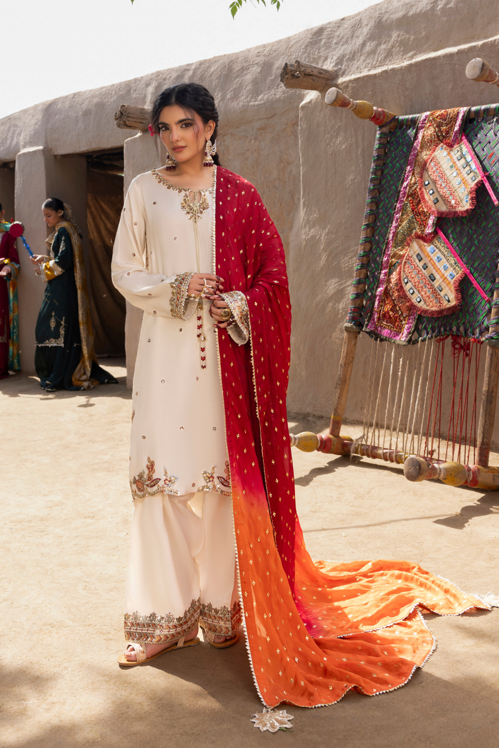 Ivory Embroidered Raw Silk Farshi Shalwar Suit Online in Dubai UAE Abudhabi Ajman Sharjah