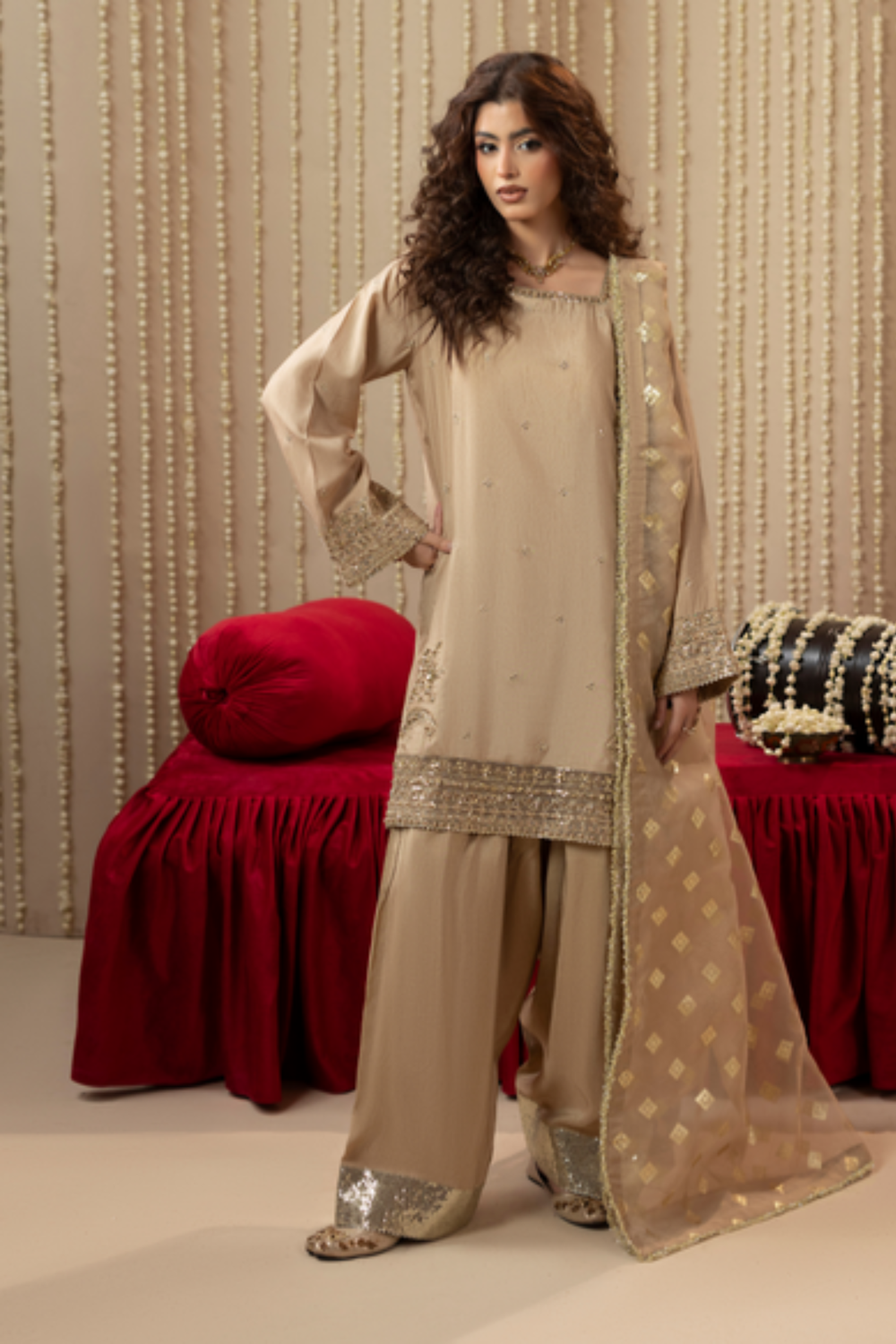 Ivory Embroidered Raw Silk Farshi Shalwar Suit Online in Dubai UAE Abudhabi Ajman Sharjah