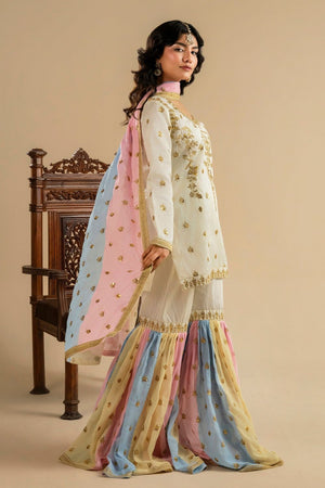 Ivory Embroidered Raw Silk Gharara Online in Dubai UAE Abudhabi Ajman Sharjah