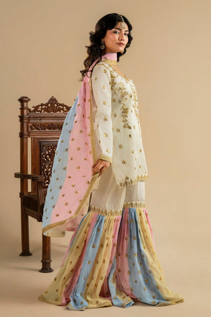 Ivory Embroidered Raw Silk Gharara Online in Dubai UAE Abudhabi Ajman Sharjah