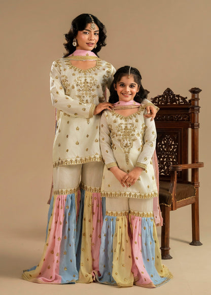 Ivory Embroidered Raw Silk Gharara Online in Dubai UAE Abudhabi Ajman Sharjah