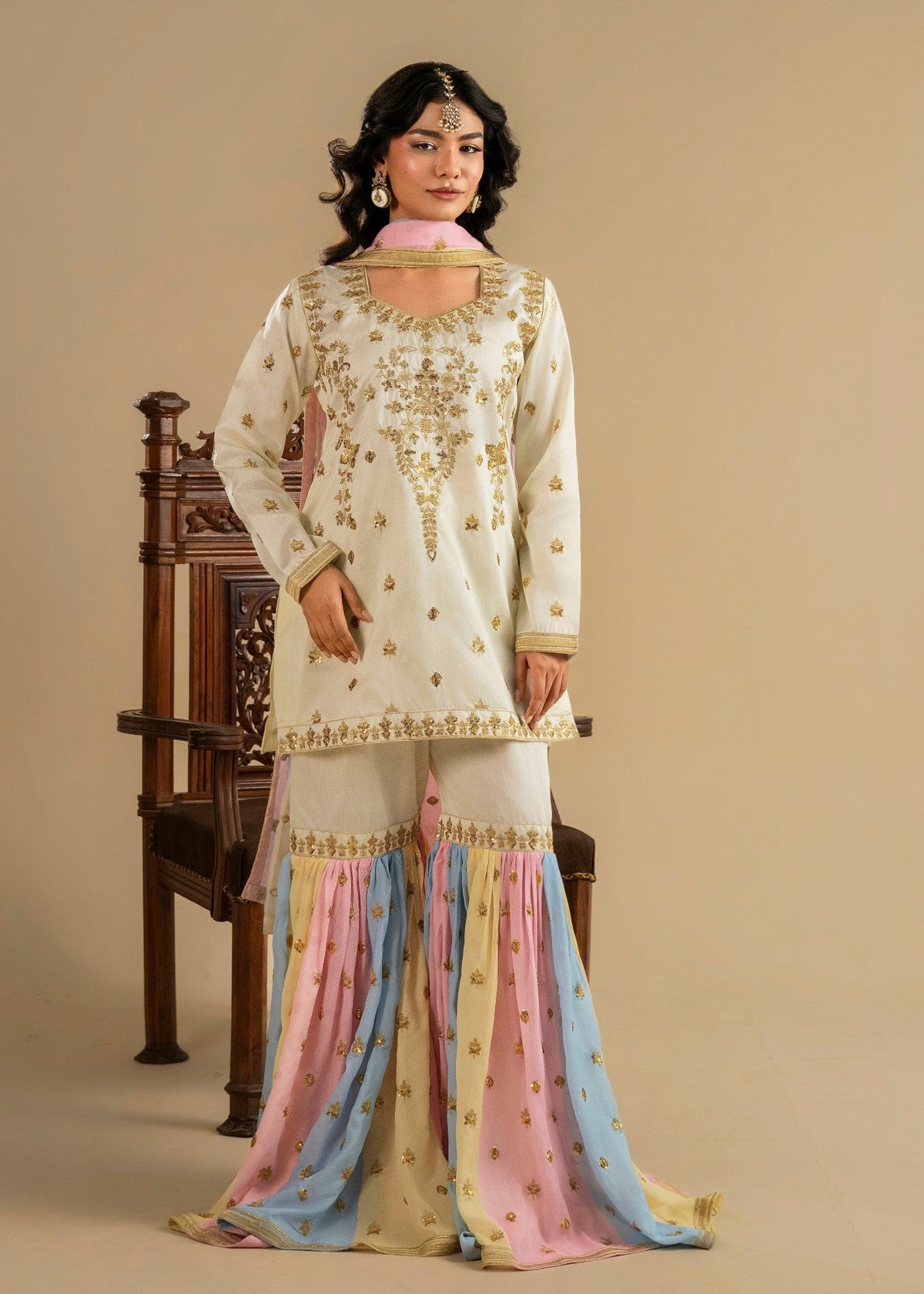 Ivory Embroidered Raw Silk Gharara Online in Dubai UAE Abudhabi Ajman Sharjah