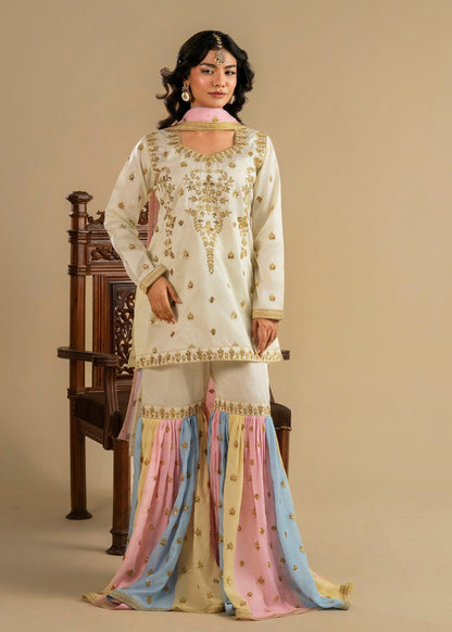 Ivory Embroidered Raw Silk Gharara Online in Dubai UAE Abudhabi Ajman Sharjah
