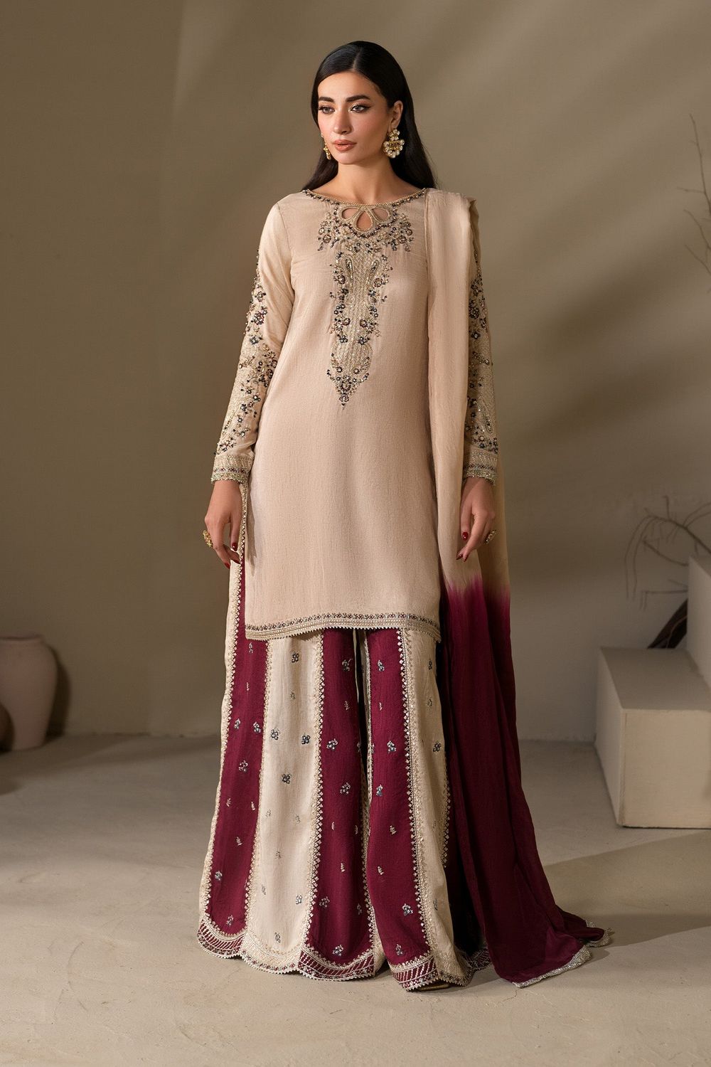 Ivory Embroidered Raw Silk Sharara Suit Online in Dubai UAE Abudhabi Ajman Sharjah