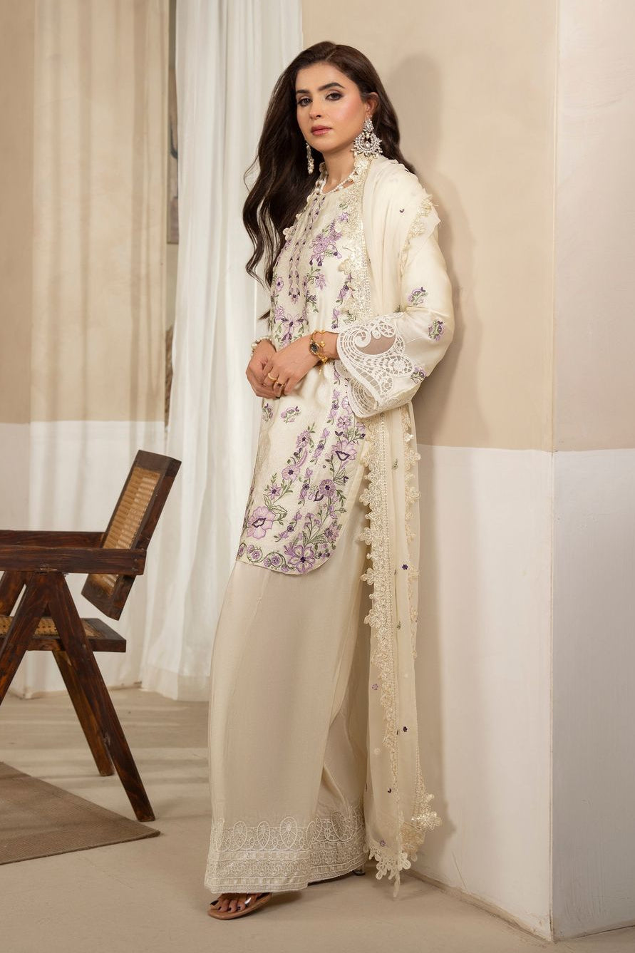 Ivory Embroidered Shamoz Silk Pakistani Suit Online in Dubai UAE Abudhabi Ajman Sharjah