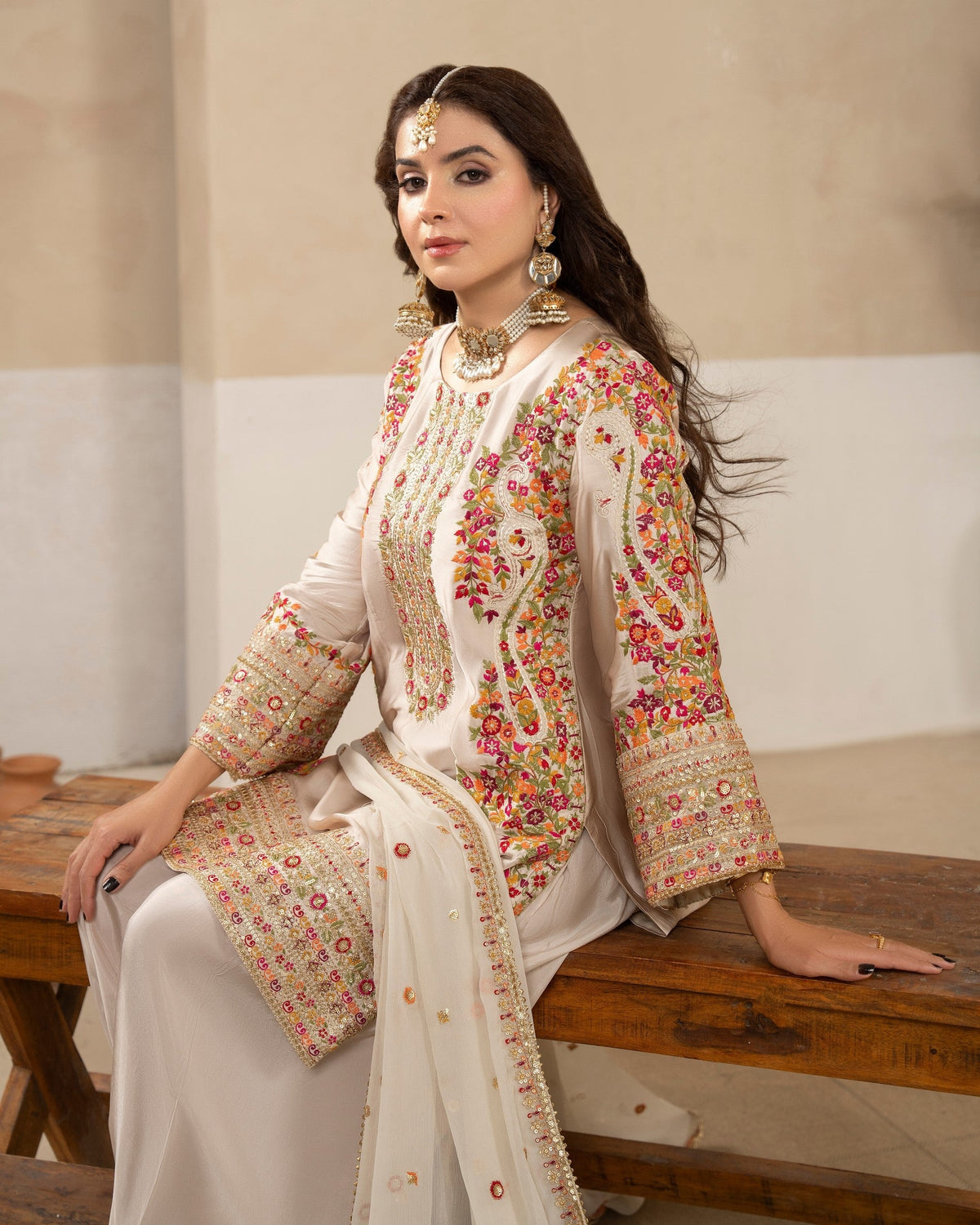 Ivory Embroidered Silk Shalwar Kameez Online in UK USA Canada