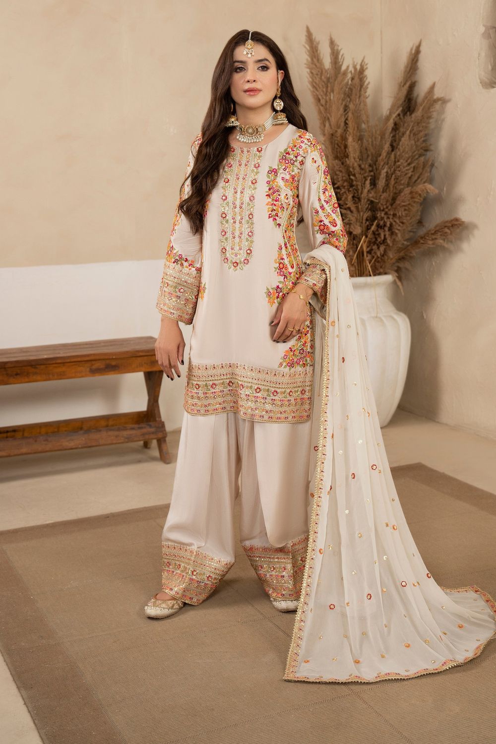 Ivory Embroidered Silk Suit Online in Dubai UAE Abudhabi Ajman Sharjah