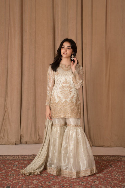 Ivory Embroidered Tissue Festive Gharara Set Online in Dubai UAE Abudhabi Ajman Sharjah