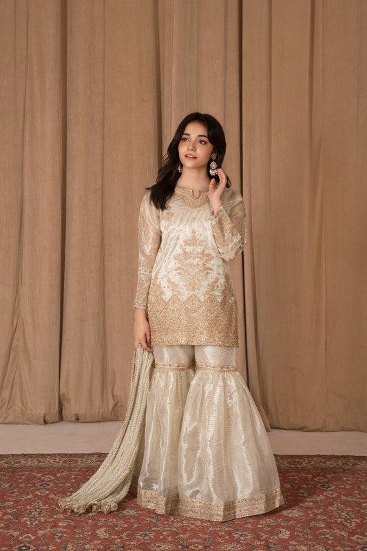 Ivory Embroidered Tissue Festive Gharara Set Online in Dubai UAE Abudhabi Ajman Sharjah