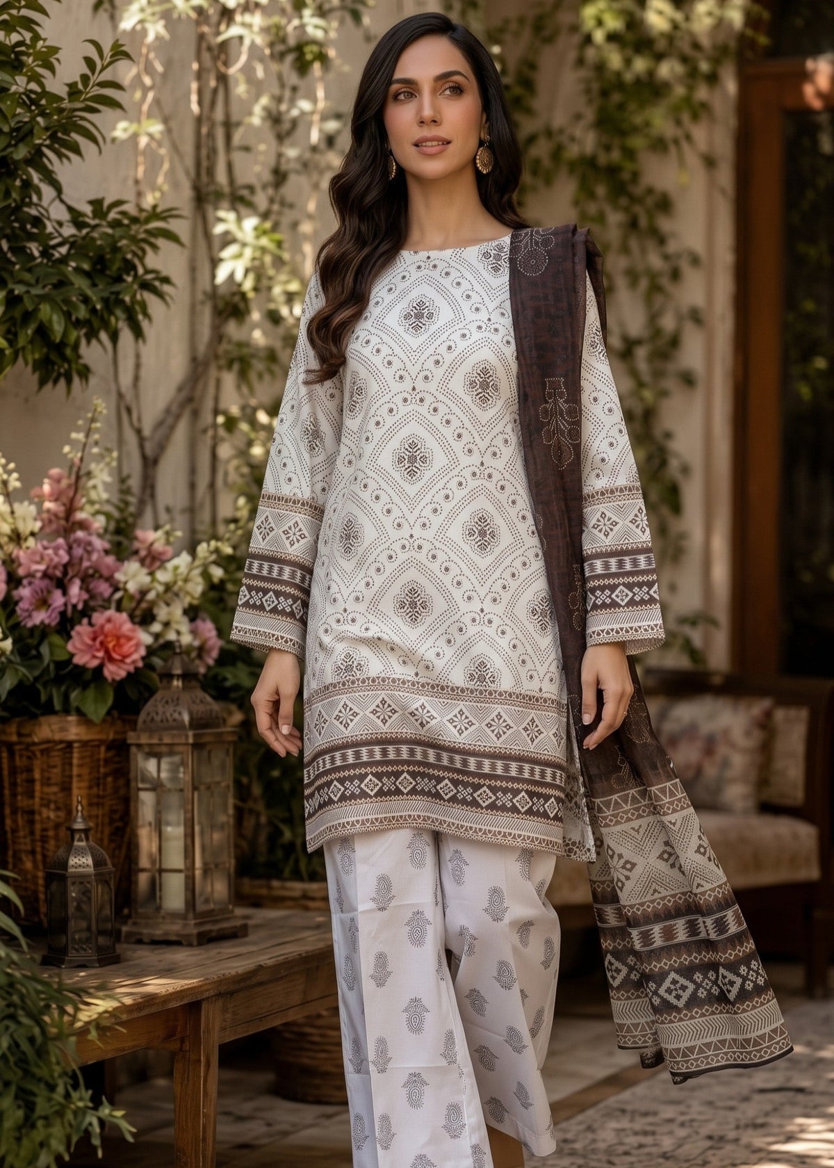 Ivory Espresso Brown Printed Unstitched Suit Online in Sri Lanka India Australia