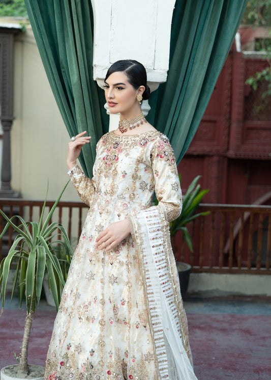Ivory Floral Embroidered Chiffon Pishwas Online in Dubai DXB UAE Abudhabi Meena Bazaar
