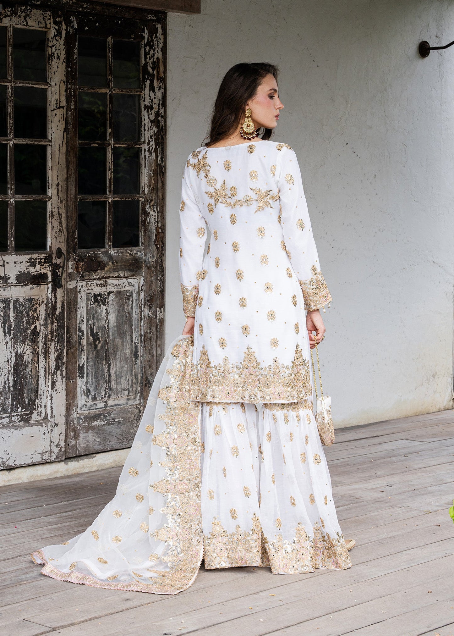 Ivory Gold Detailing Chiffon Gharara Festive Wear Online in Sri Lanka India Australia