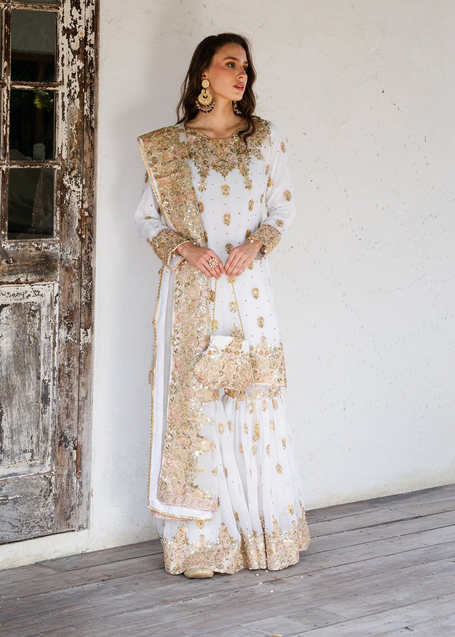 Ivory Gold Detailing Chiffon Gharara Festive Wear Online in Sri Lanka India Australia