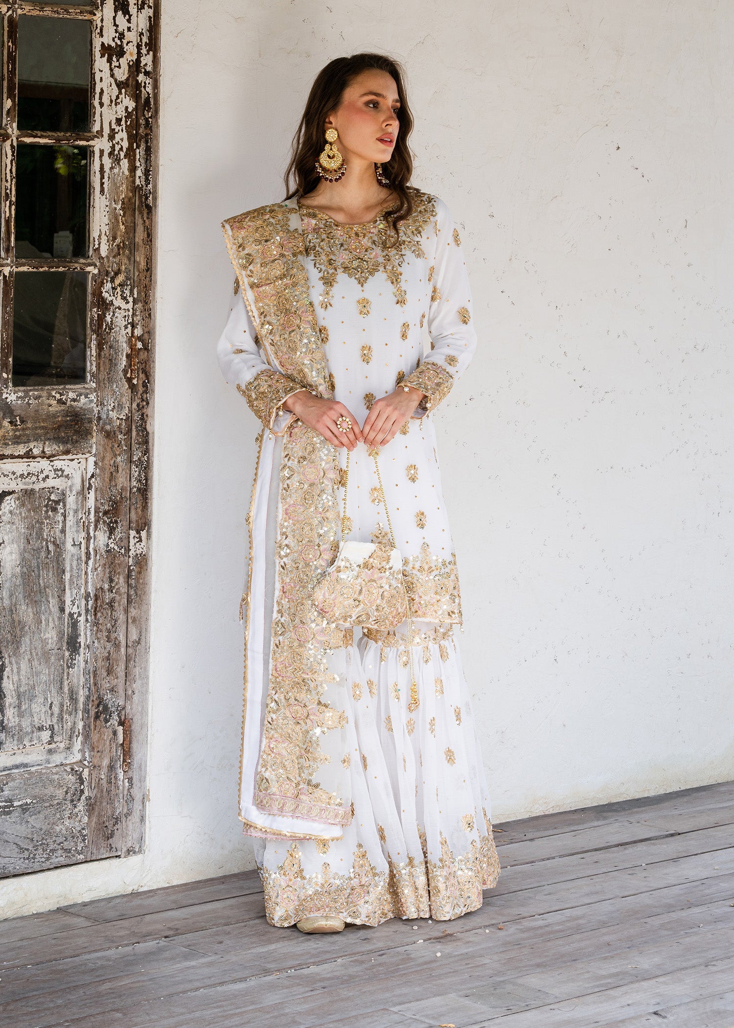 Ivory Gold Detailing Chiffon Gharara Festive Wear Online in Sri Lanka India Australia