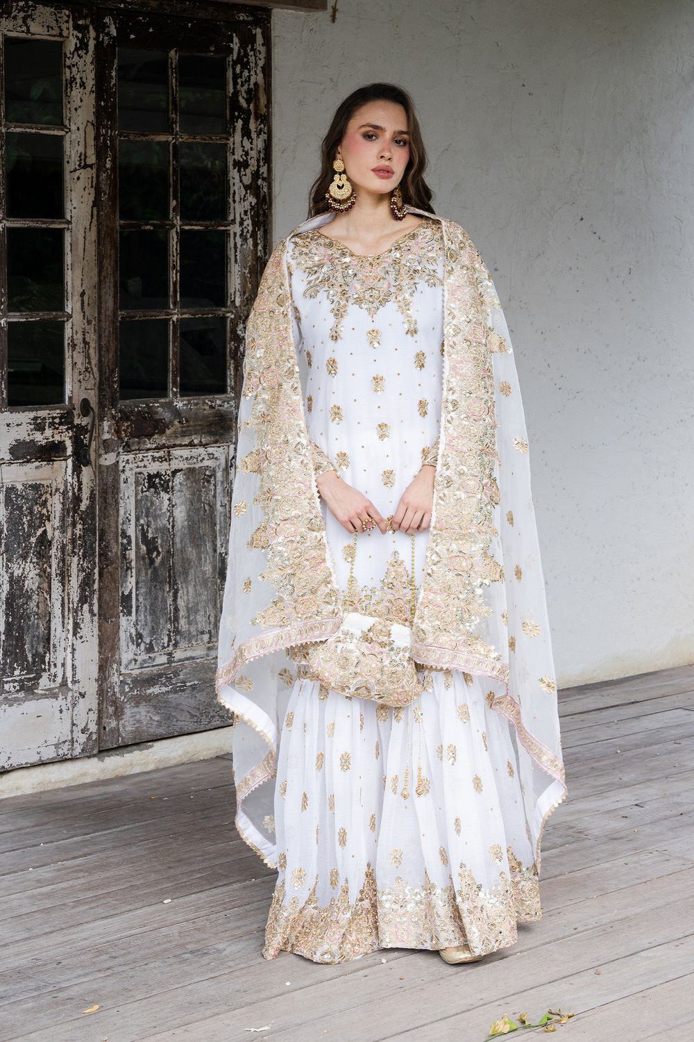Ivory Gold Embellished Chiffon Festive Gharara Suit Online in Dubai UAE Abudhabi Ajman Sharjah