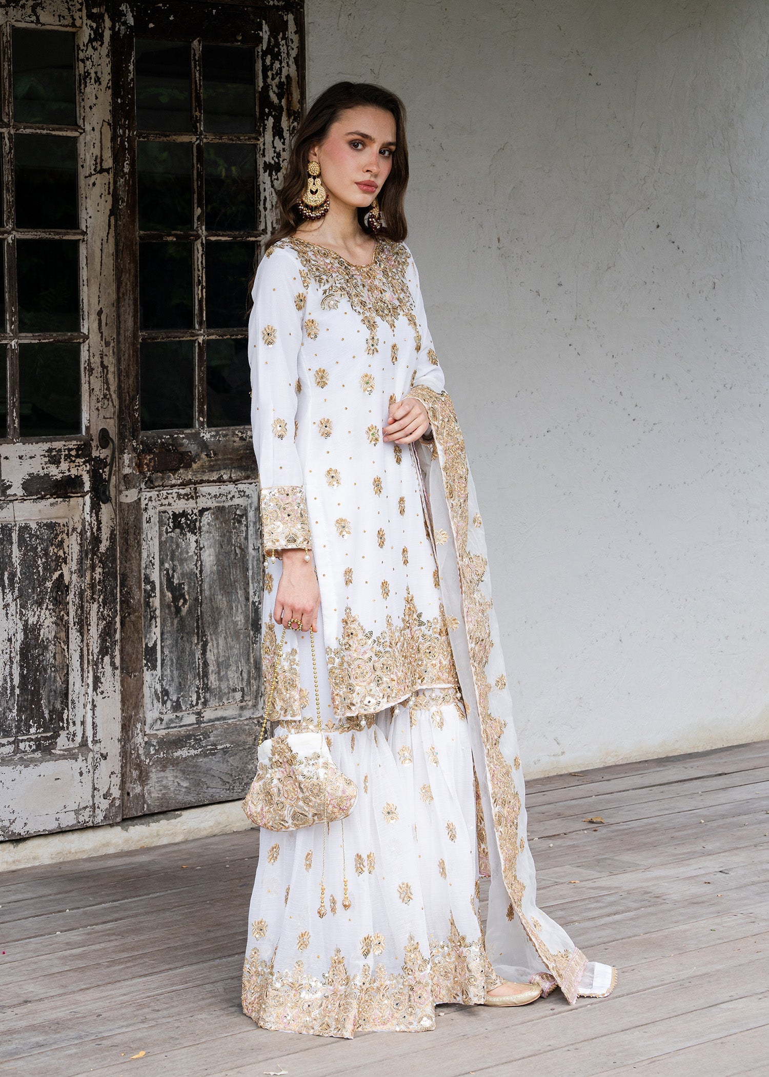 Ivory Gold Embellished Chiffon Gharara Suit Online in Dubai UAE Abudhabi Ajman Sharjah
